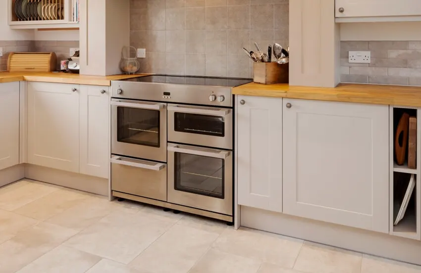 Kitchen with electric stove top ovens and white flat panel cabinets