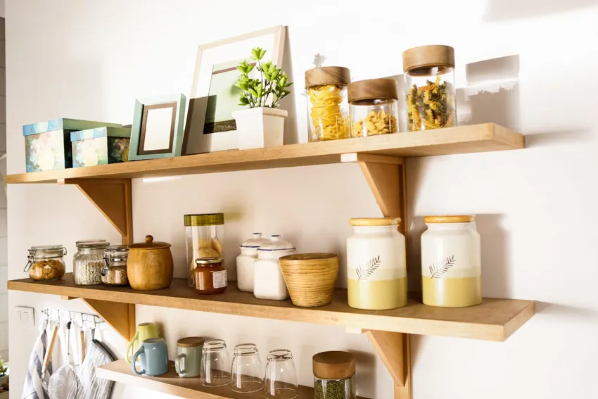 Kitchen maple shelves with jars, and decor pieces