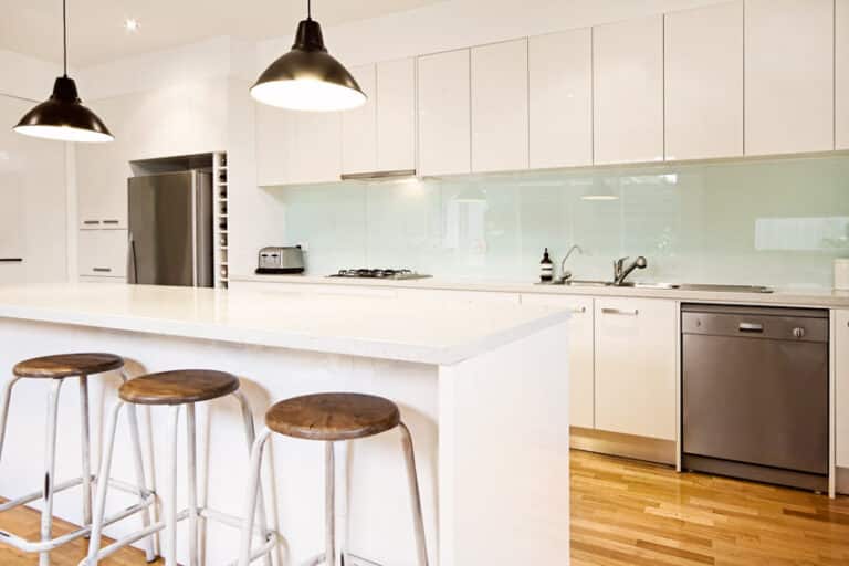 Frameless Cabinets Different Types Styles   Kitchen With Bar Counter High Stools White Frameless Cabinet Doors Backsplash And Pendant Lights Is 768x512 