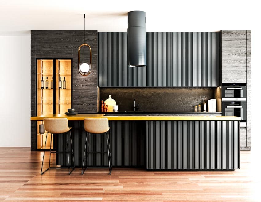 Black bar with counter, wine shelves and bar stools