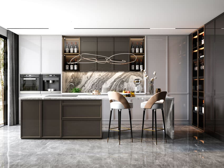 Kitchen bar, dark wood cabinets and marble countertops