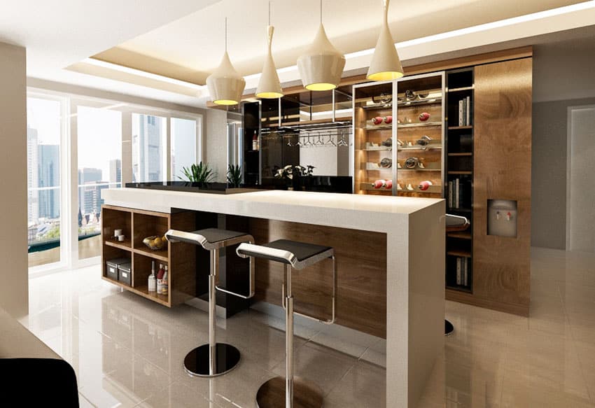 Kitchen with built-in bar, pendant lights, wine storage, cabinets, and countertop