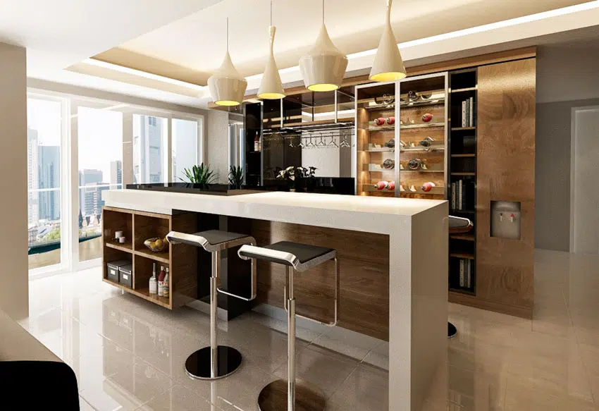 Kitchen bar with white countertop and open shelves