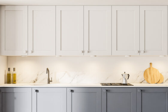 Kitchen With Countertop Quartz Backsplash White And Gray Mdf Cabinets Is 561x374 