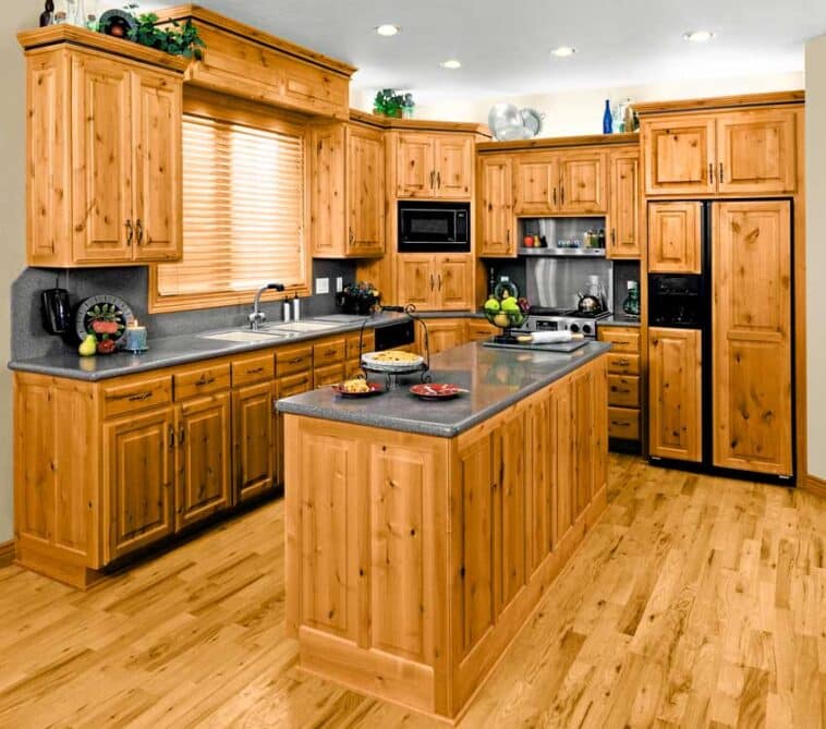 Kitchen With Hickory Cabinets Gray Countertops Windows And Ceiling Lights Is 758x669 