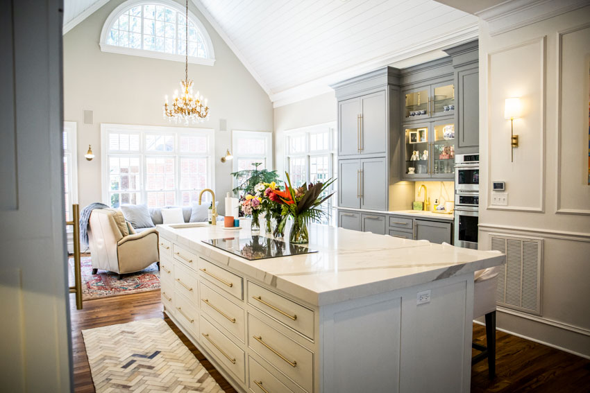 Kitchen with wood plank arched ceiling