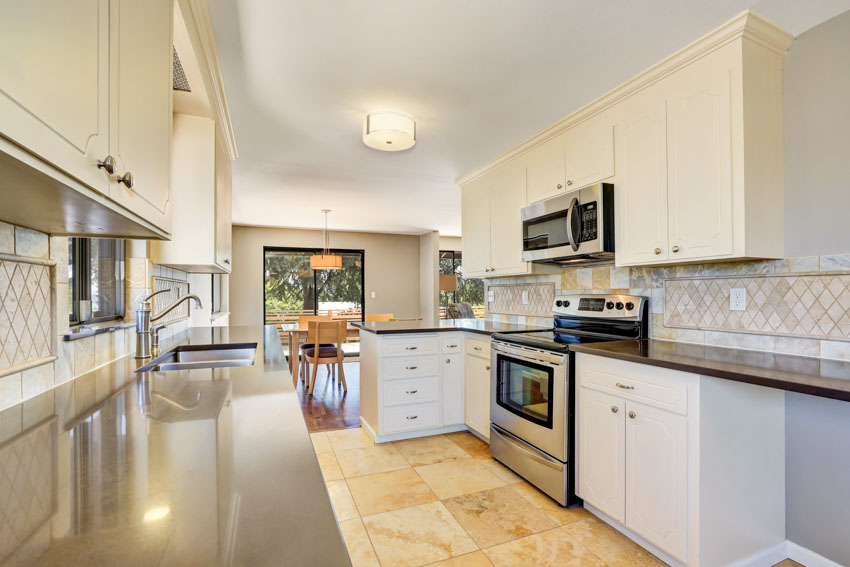 Galley kitchen layout, wood dining set and drum lighting fixture