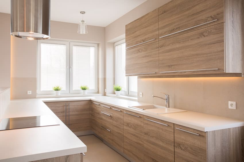 Kitchen with slab cabinet doors, countertop, range hood, sink, faucet, and windows