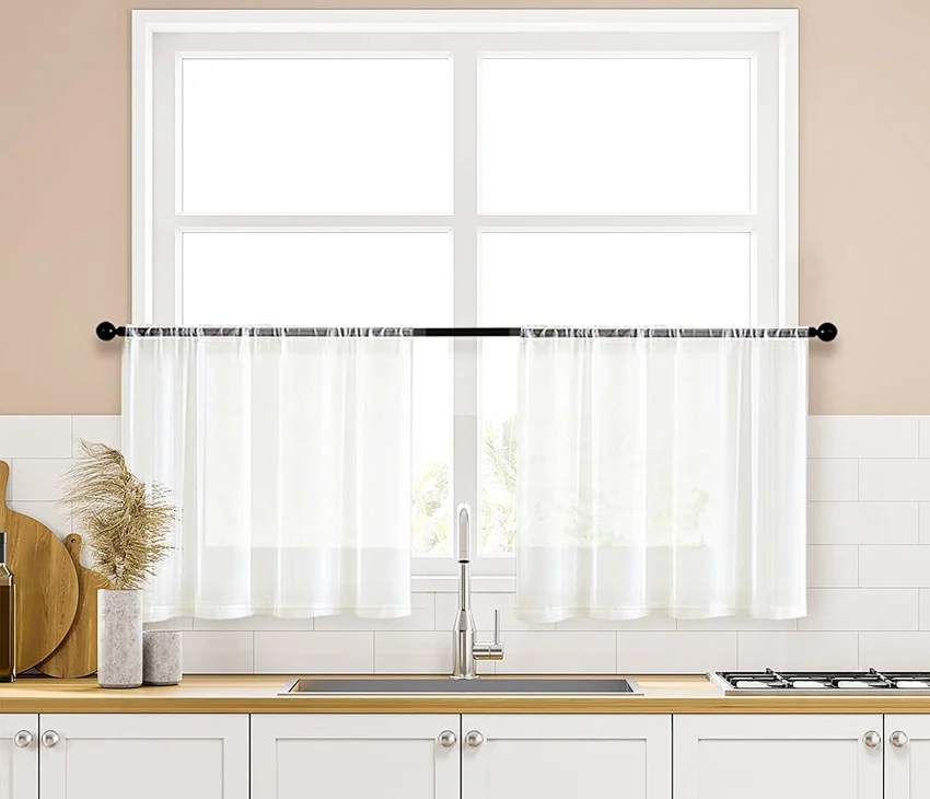 Kitchen With Wood Countertop Sink Drawers And Sheer Tier Curtain Amz .webp