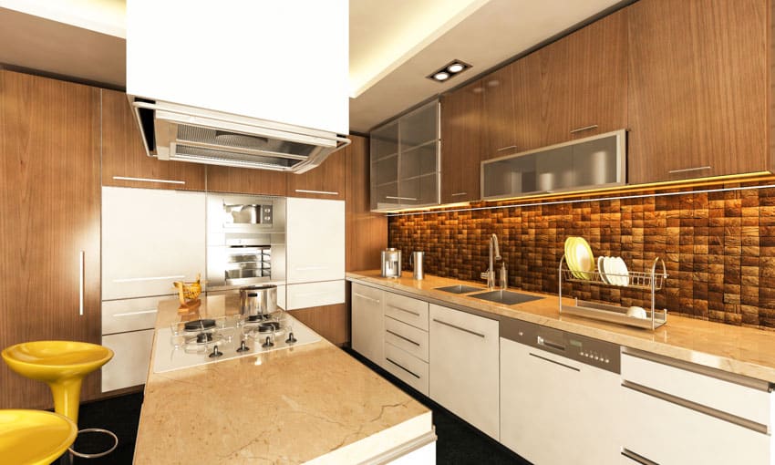 Kitchen with wood tile backsplash, cabinets, countertop, bar counter, stove, range hood, and stools