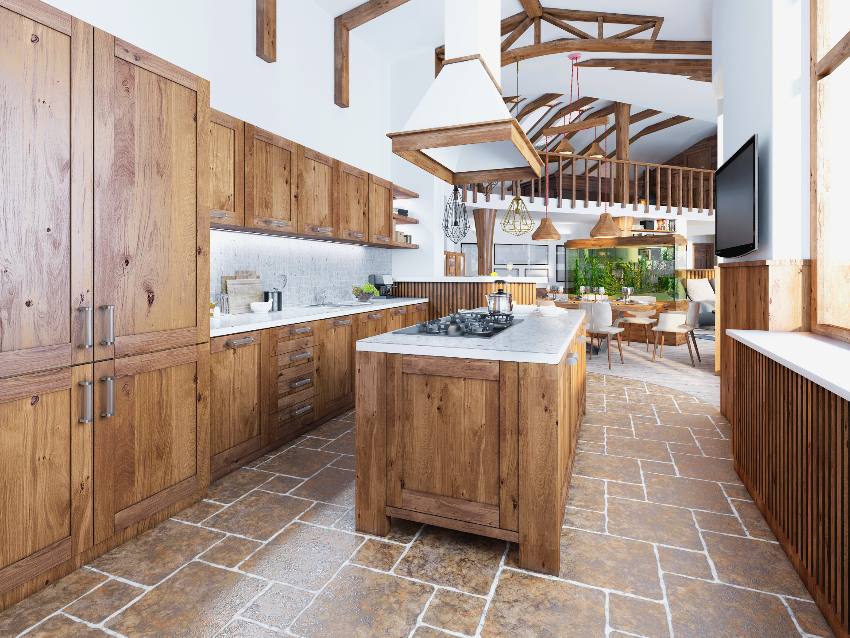 Light color paint in kitchen with stained cupboards