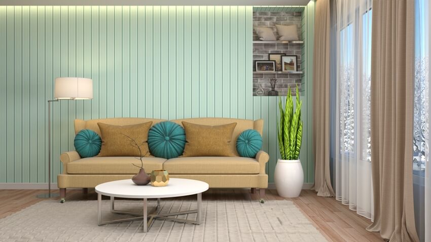 Living room interior with turquoise shiplap walls, cream and beige color sofa and some accents