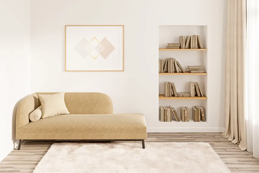 Beige daybe, wood shelves and wooden floors