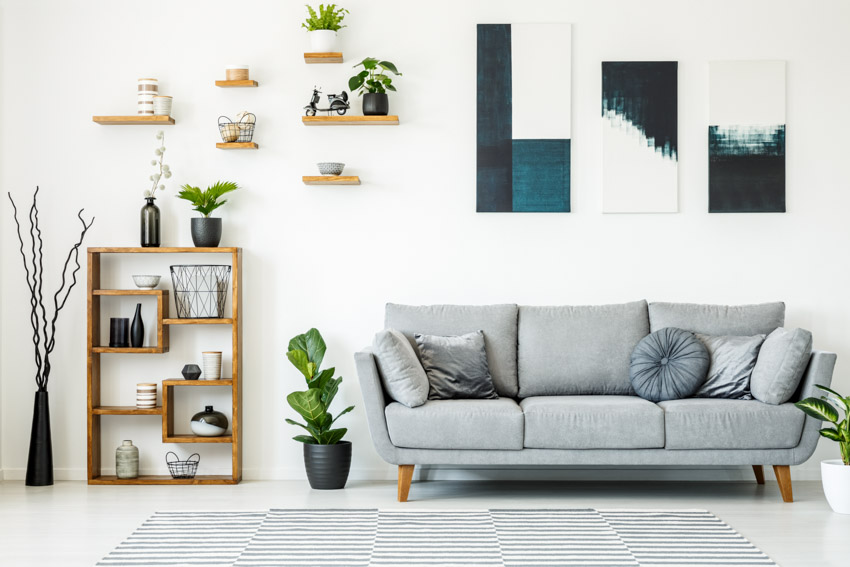 Living room with floating shelves, cushioned sofa, rug, indoor plants, and decor piece