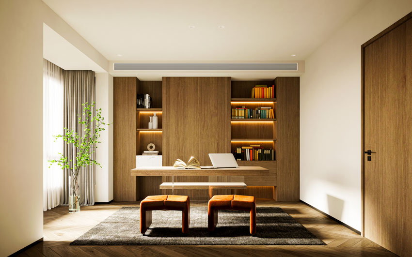 Living room with wooden shelves, chairs, table, window, wood floor, and door
