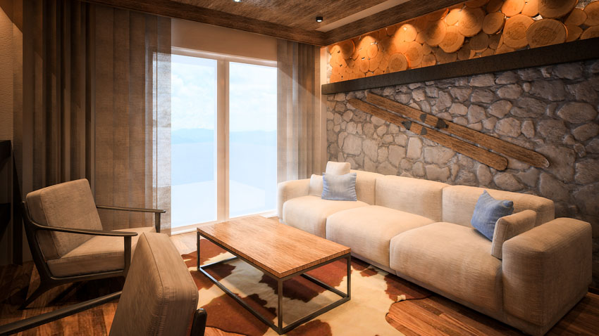 Living room with stone wall cladding, couch, coffee table, chairs, window, and curtains