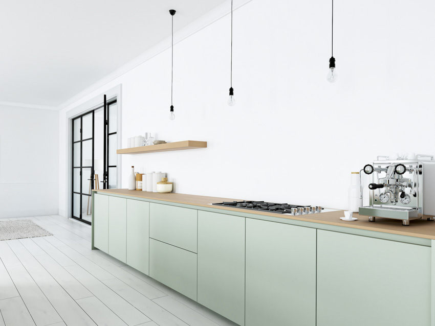 Minimalist coffee bar with wood floor cabinets, floating shelf, countertop, coffee maker, and pendant lights