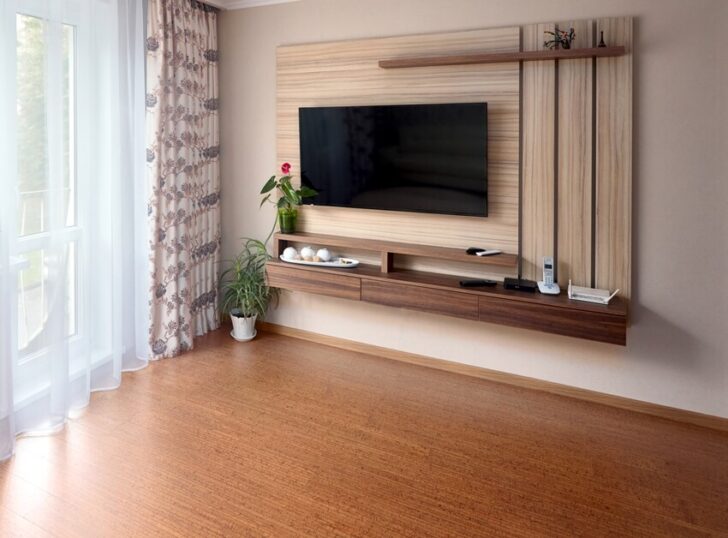 Cork Flooring Pros And Cons   Minimalist Living Room With Large Tv Over Wooden Cabinet Cork Flooring And Glass Door To Balcony Is 1 728x538 