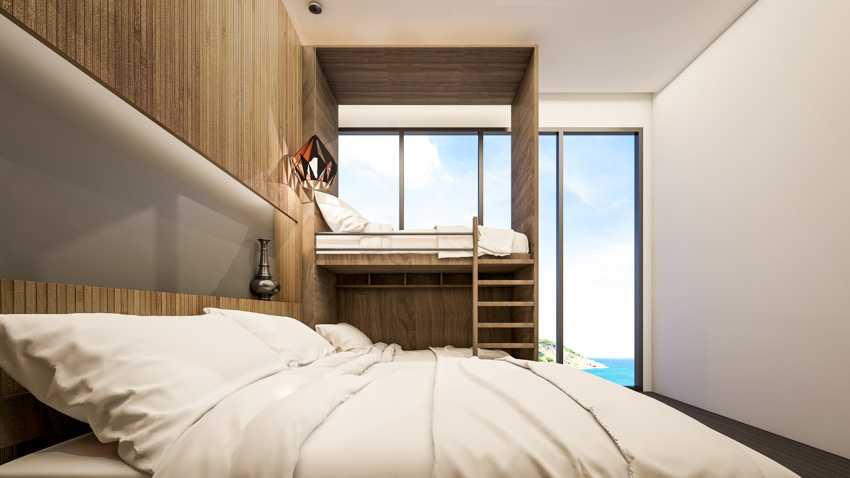Modern bedroom with wood wall, custom bunk bed, and ladder