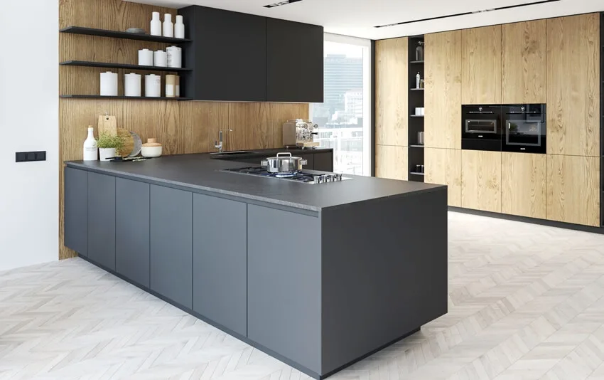 Modern kitchen design with dark linoleum countertops with cooktop, wooden cabinets and flooring