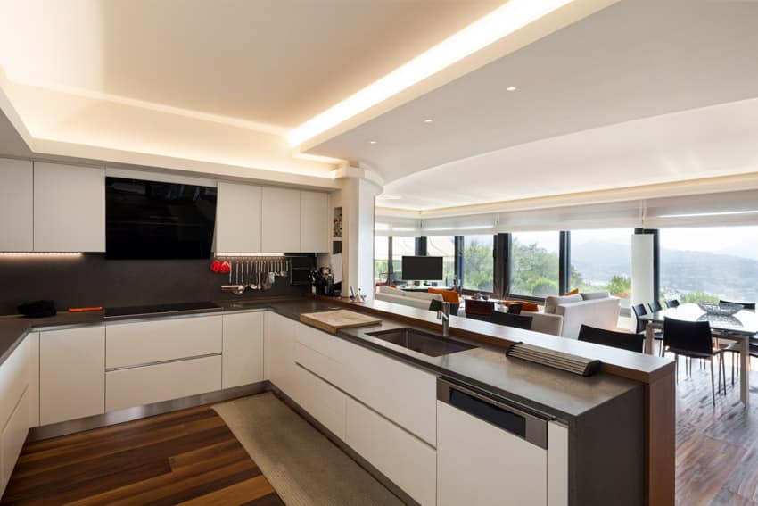 Modern kitchen with countertop, built in cutting board, flat panel cabinets, ceiling lights, and wood floors