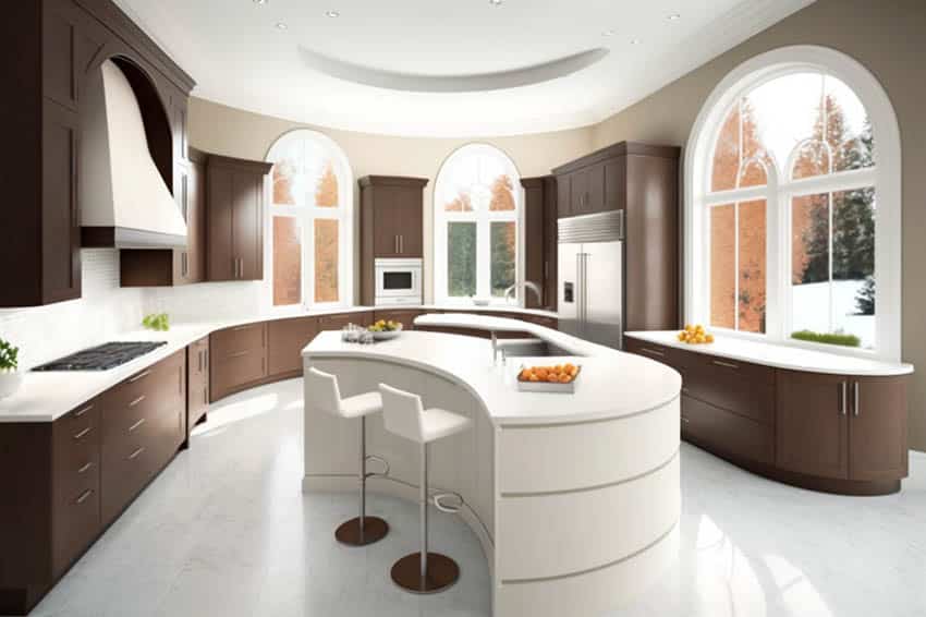 Modern kitchen with brown curved cabinets and white curved island