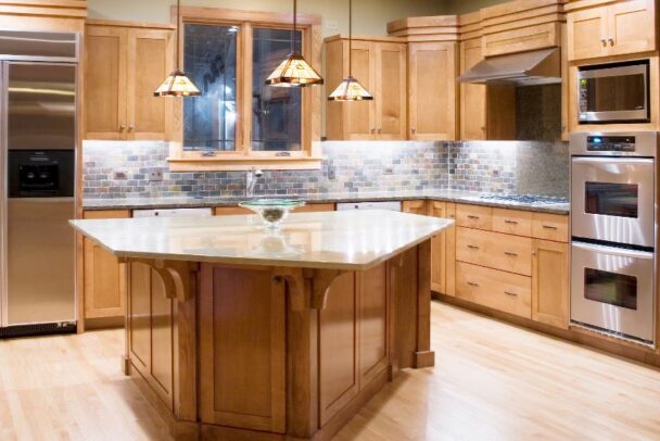 Wooden Kitchen With Stainless Steel Appliances Pendant Lights Plywood Cabinets With Bwp Grade Back Venner And Granite Countertops Is 608x406 