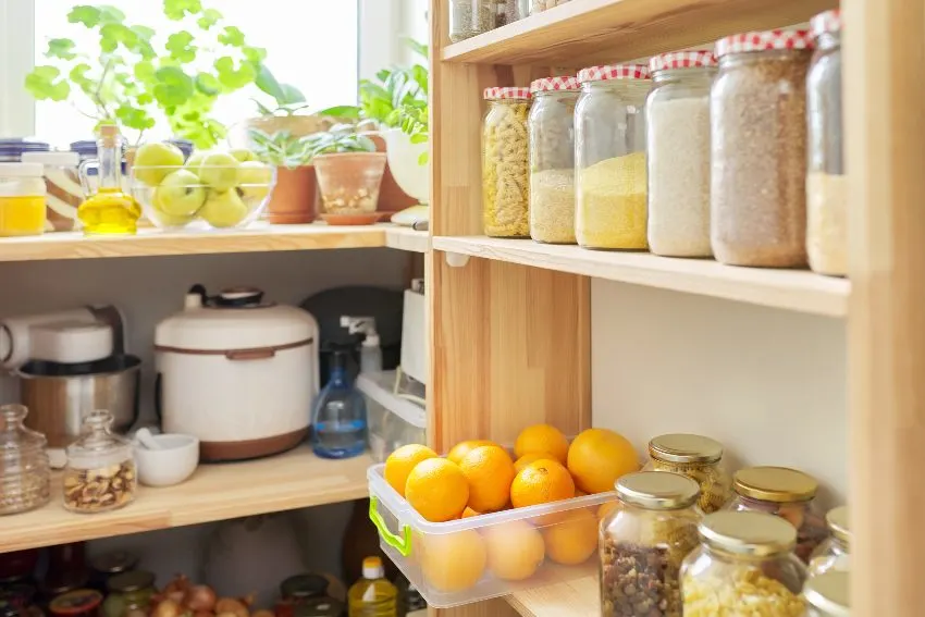 Wooden shelves with jars and containers with food in kitchen pantry