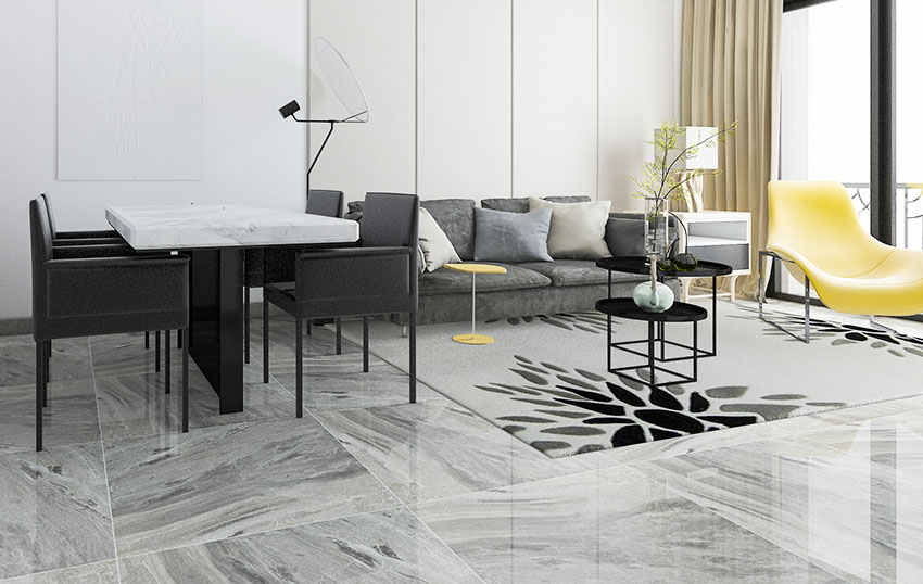 Modern living room with marble tiles marble tabletop lounge chair side table rug