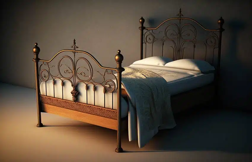 Bed with decorative metal headboard and footboard