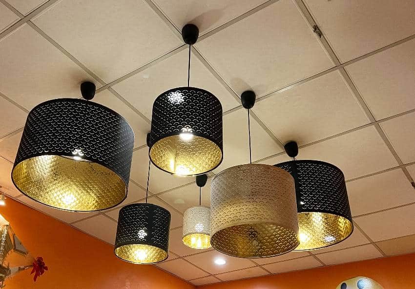 Black and white drum chandeliers in different sizes