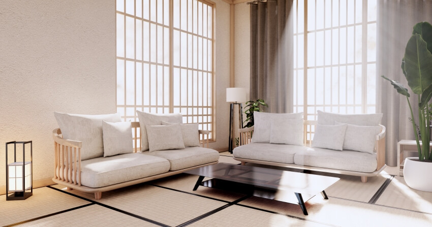 Bright living room with wooden sofa with armrest, and Japanese partition, tatami mat floor, and white walls