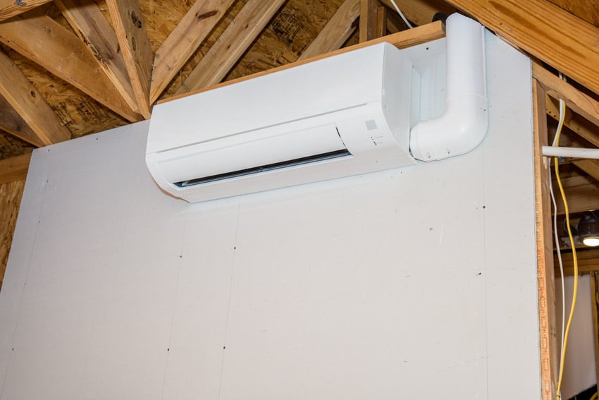 Garage with ductless HVAC system, and exposed ceiling