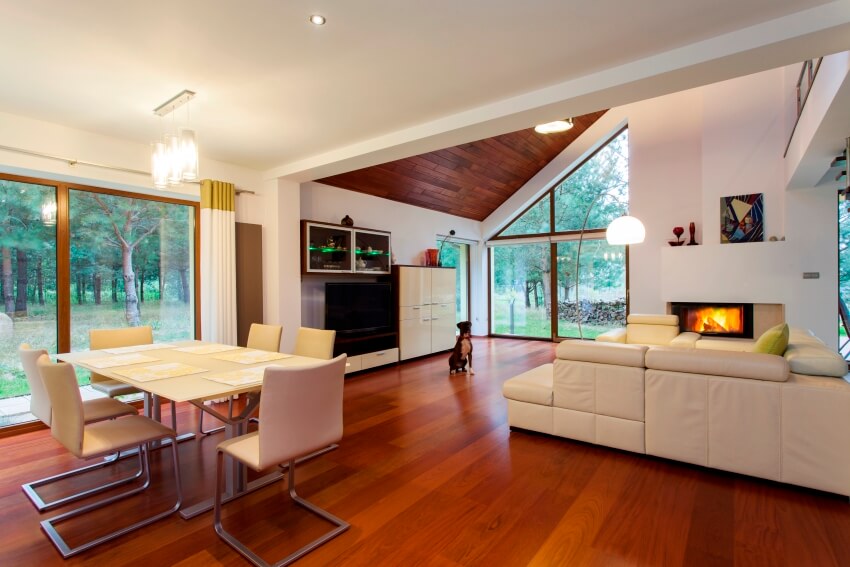 Contemporary home interior with white furniture and a dog sitting on engineered mahogany floors