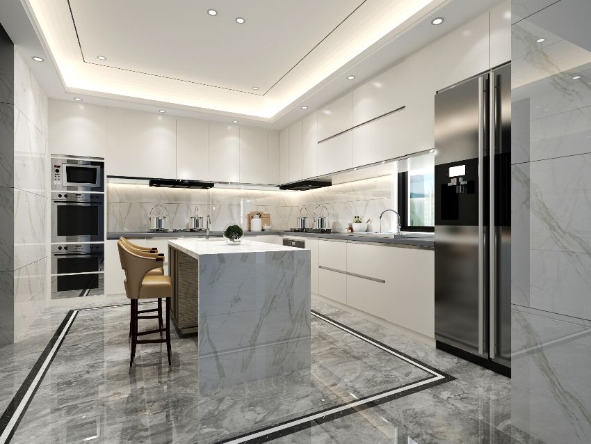 Contemporary kitchen design with white cabinets, marble wall panels, floors and waterfall island