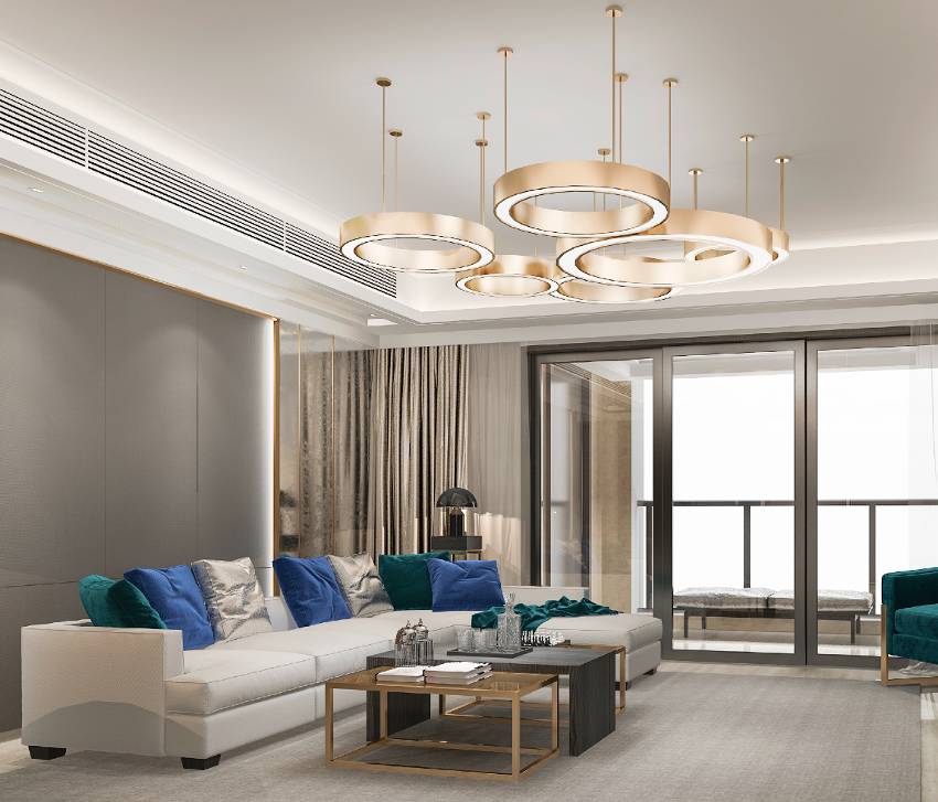 Contemporary room with L shape sofa and chandeliers 