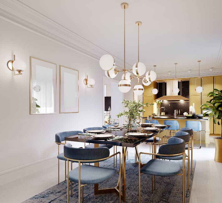 Dining area with kitchen and fashionable designer dining table , bubble chandelier, and black countertop with blue chairs