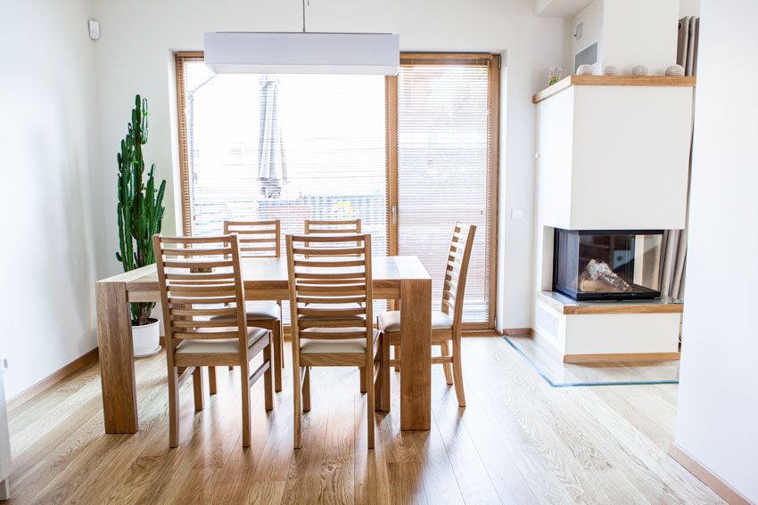 Set of chairs, table, and custom fireplace