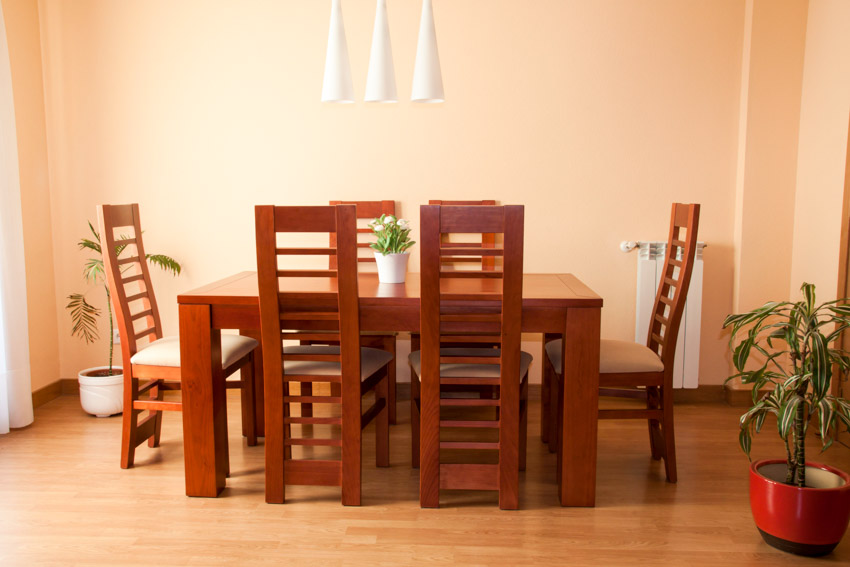 Dining room with parsons ladder back chairs, table, wood floors, and indoor plants