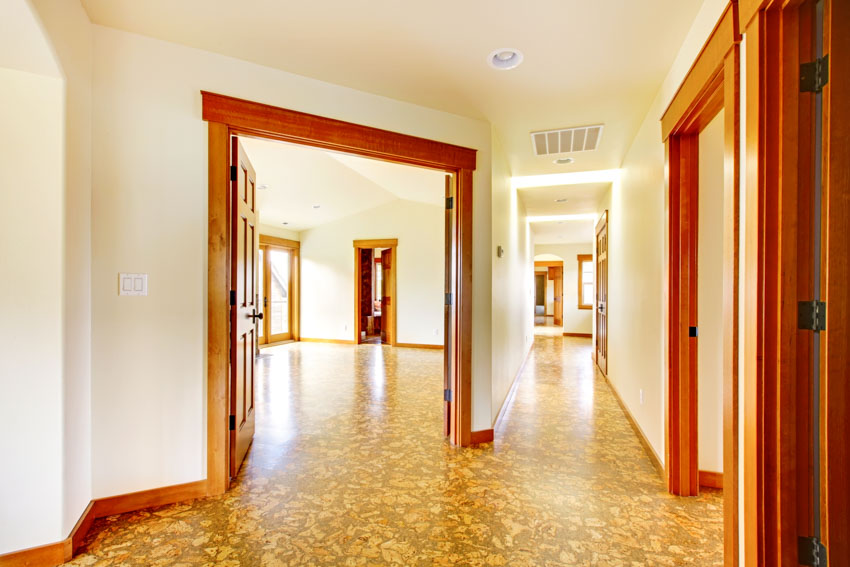 Empty hallway with cork floors, ceiling lights, and doors