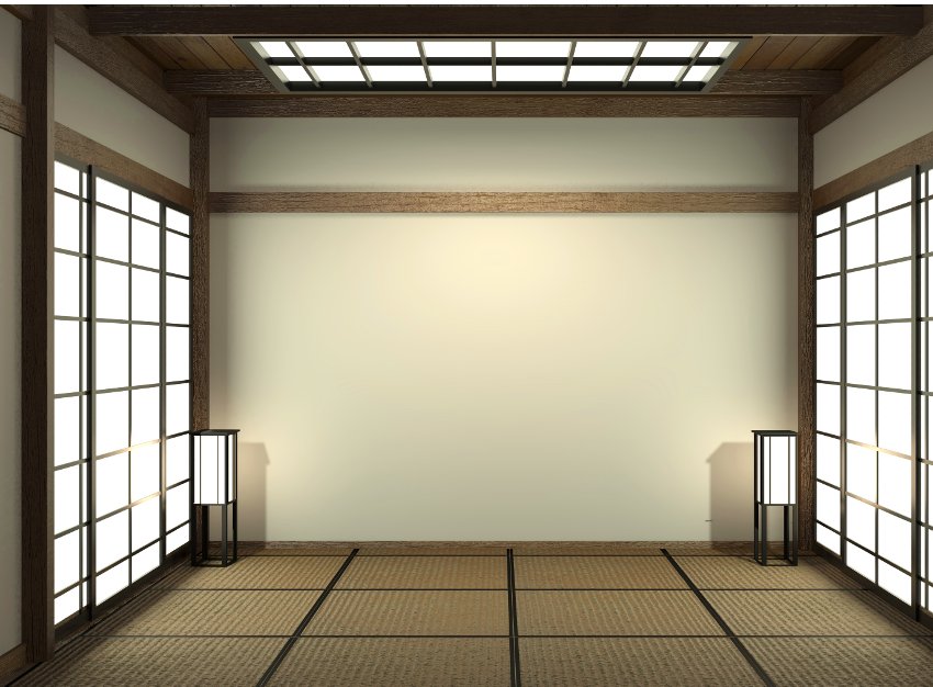 Empty Japanese living room interior minimal design with tatami mat floor and Japanese shoji doors