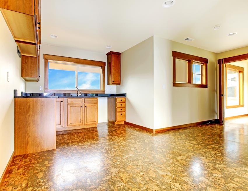 Empty kitchen with cork floors, countertops, wood cabinets, and windows