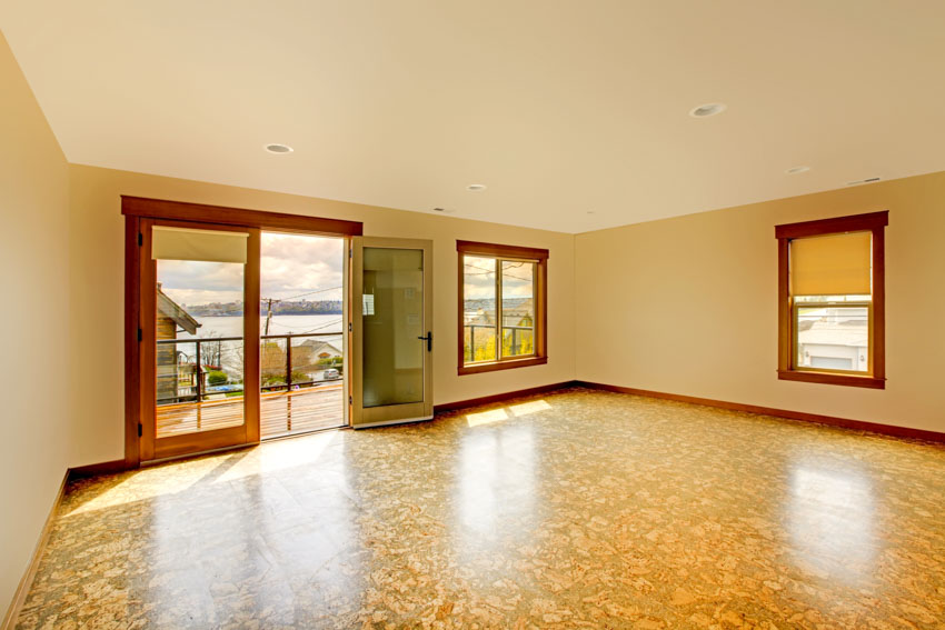 Empty room with glass door, windows, white walls, and waterproof cork softwood flooring