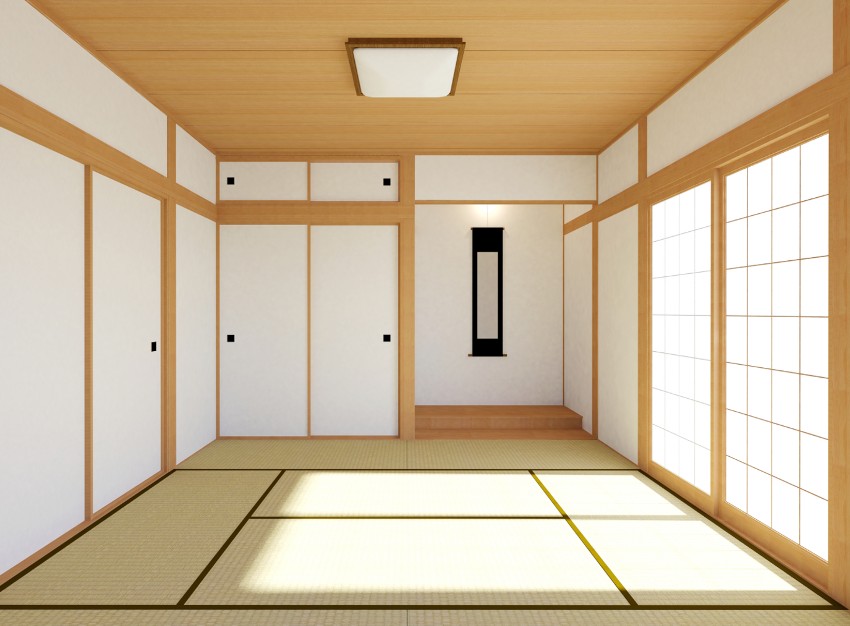 An empty traditional Japanese living room interior with sliding shoji doors and tatami flooring
