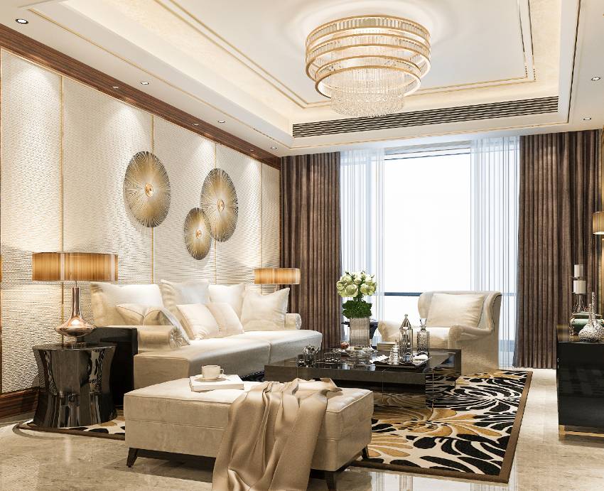 Fabulous living room with with flush mount chandelier, luxurious furnitures and fixtures