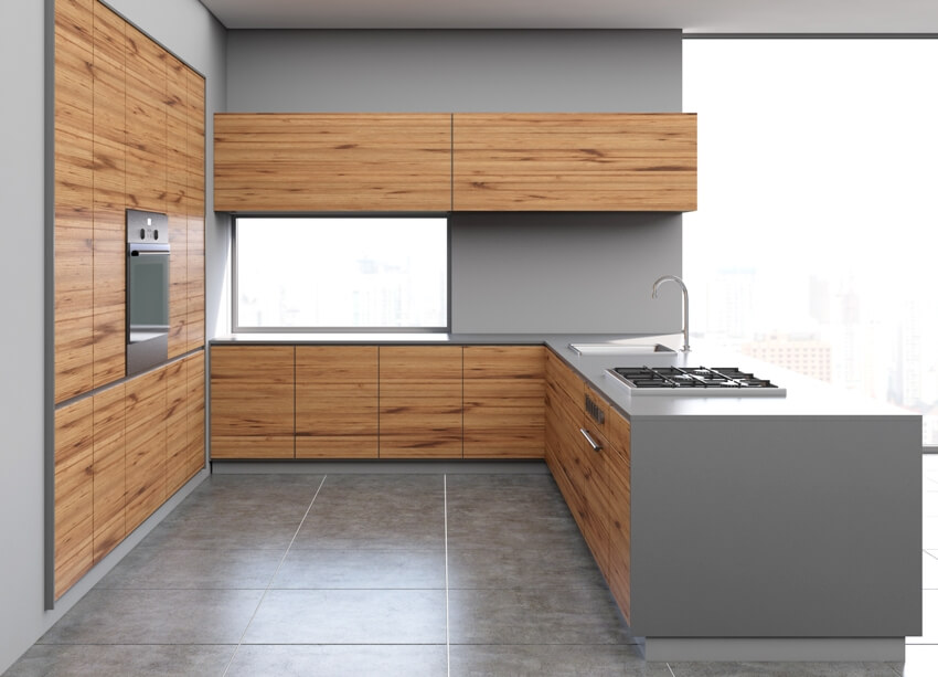 Gray and wooden kitchen interior without kitchen backsplash