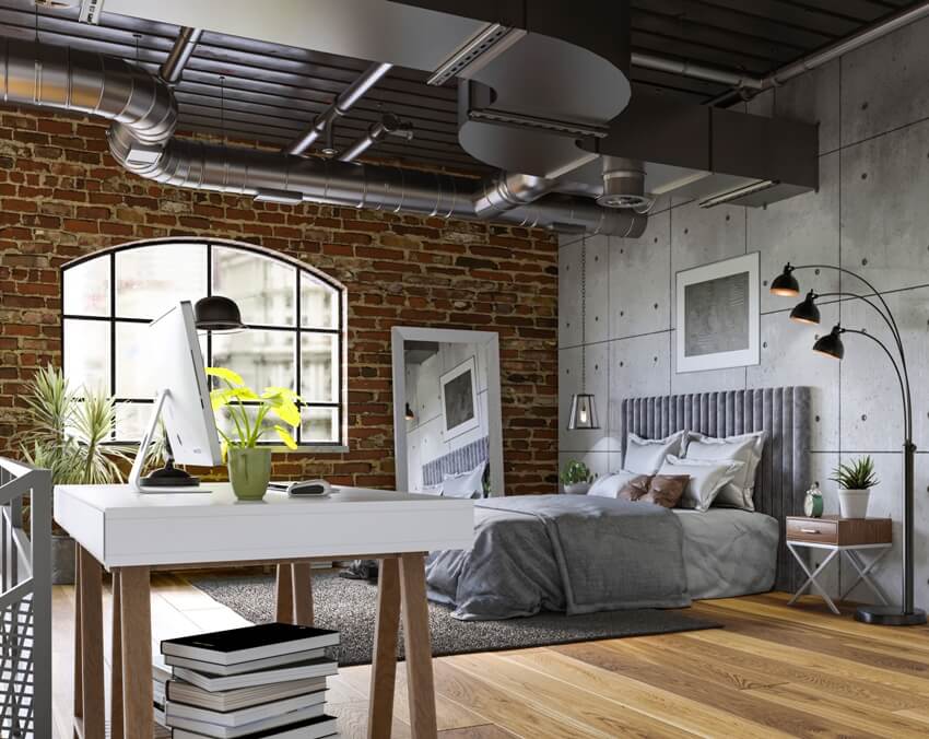 Industrial style apartment with corrugated metal ceiling, arch windows and indoor balcony