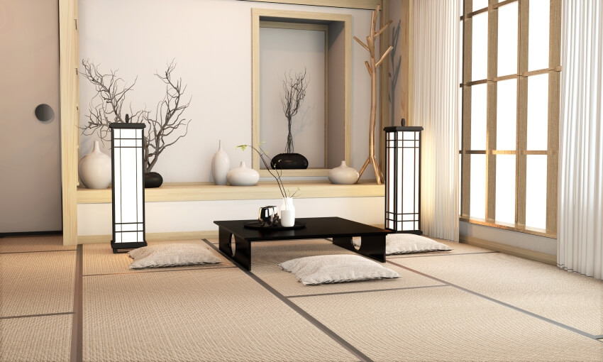 Japanese style living room with tatami mat flooring and decorations