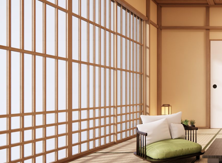 Japanese style room with shoji screens, tatami mat flooring and armchair