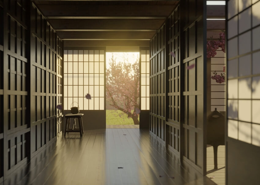 Japanese wooden corridor with shoji doors